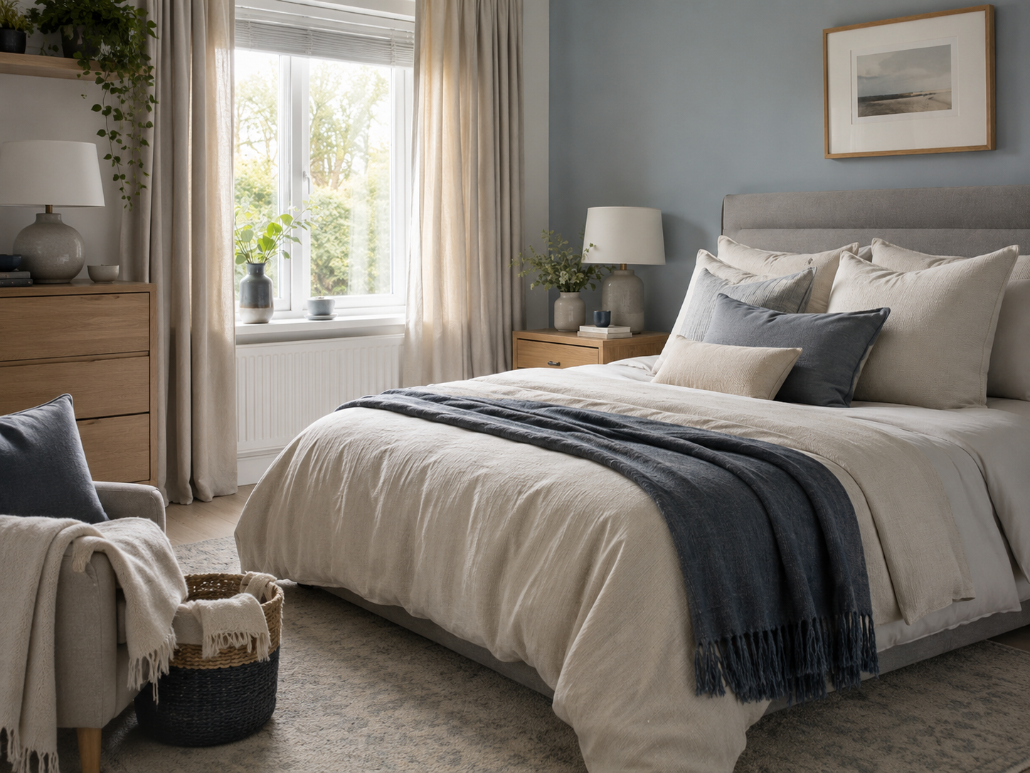 Calm bedroom environment with natural light and layered textiles