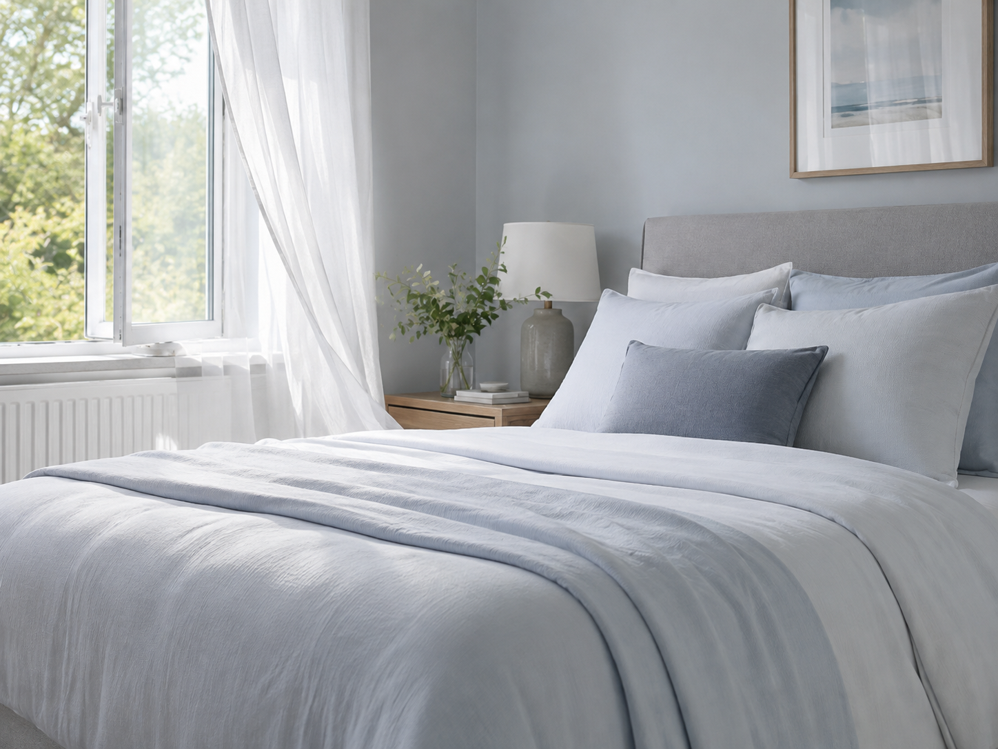 Fresh airy bedroom with cool-toned bedding