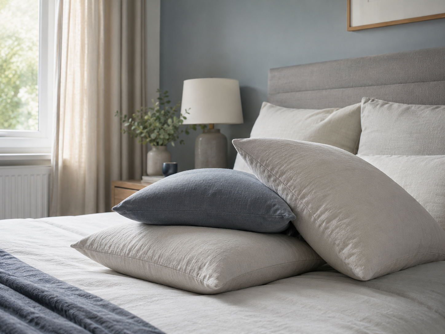 Layered supportive pillows on a bed