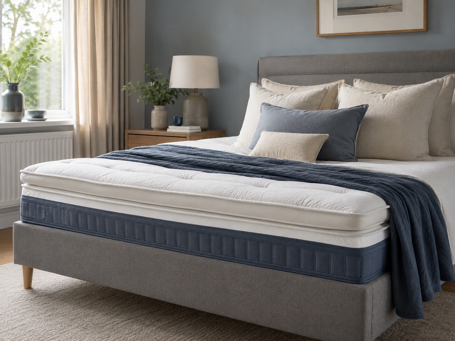 Comfortable bed with a visible mattress topper